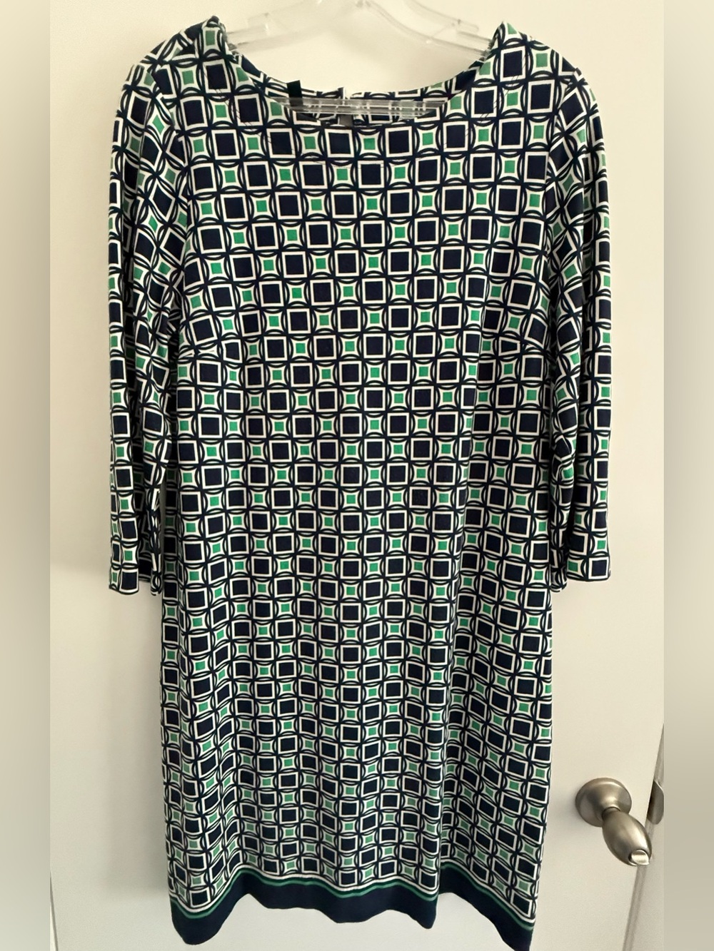 Talbots Navy, Green & White Geometric Shift Dress